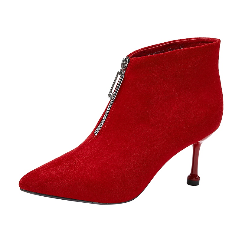 PLAYBOY/花花公子秋冬季加绒休闲优雅纯色前拉链尖头高跟时尚防水高跟网红短靴女G13199253