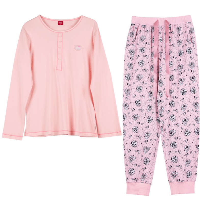 雪仙丽新款睡衣女春纯棉套装长袖长裤简约韩版学生秋天全棉家居服