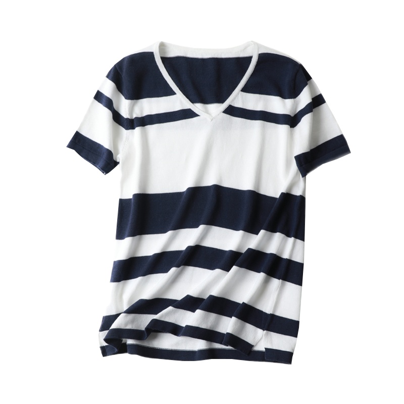 雪米贝奴 V领棉麻条纹短袖t恤女棉线新款针织衫半袖拼色薄款