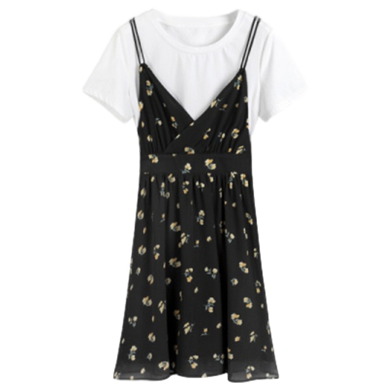 拉夏贝尔夏V领吊带连衣裙女新款时尚显瘦碎花雪纺裙 印花混色 S