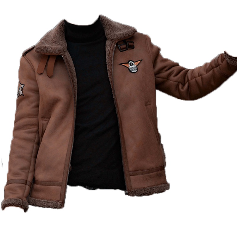 buppa官方直售冬季新款加绒加厚皮衣男修身羊羔皮毛一体飞行员夹克机车服外套潮