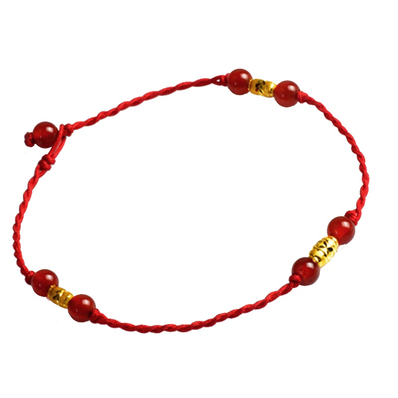 蒂蔻 千福之运橄榄珠黄金脚链女士款足金红玛瑙脚链吉祥红绳手饰时尚