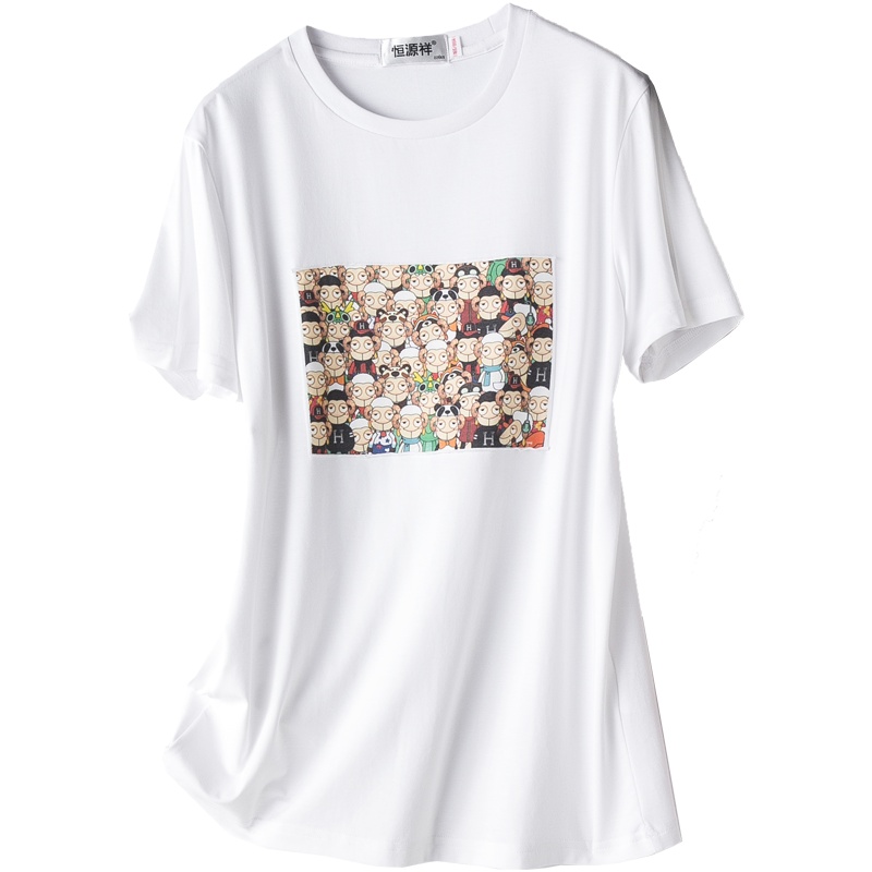 恒源祥卡通小羊印花白色T恤女短袖春夏棉氨打底衫上衣竹纤维