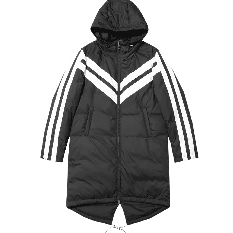 马克华菲男装冬新款时尚撞色条纹运动连帽中长款男式羽绒服