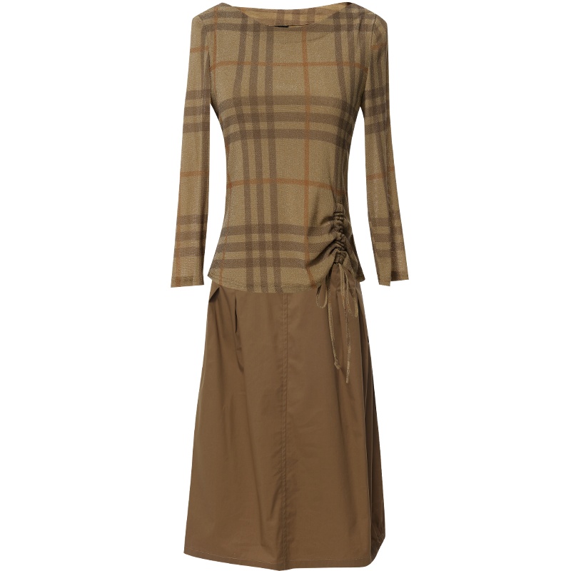 欧昵雪七分袖亮丝格子T恤上衣女显瘦半身裙两件套装