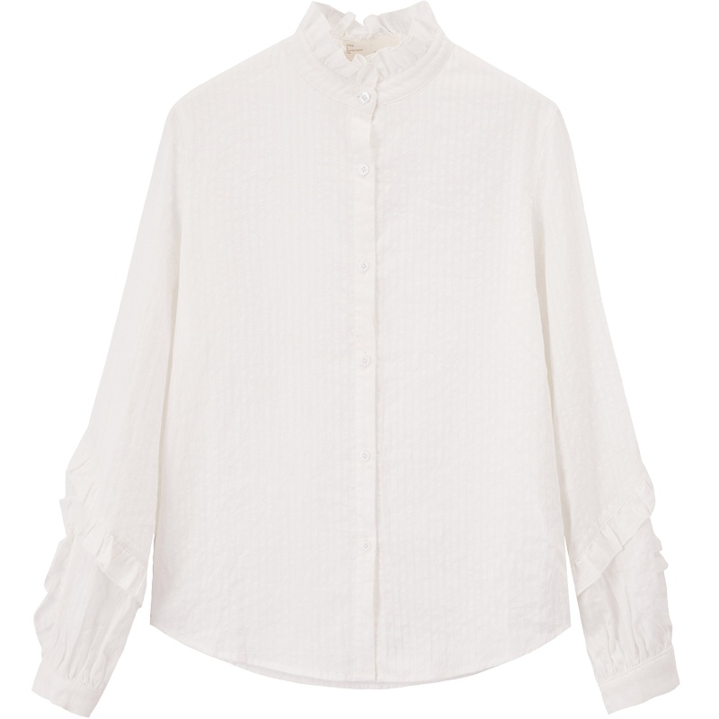 茵曼衬衣2019秋装新款纯棉甜美立领灯笼袖拼接木耳边白色衬衫女