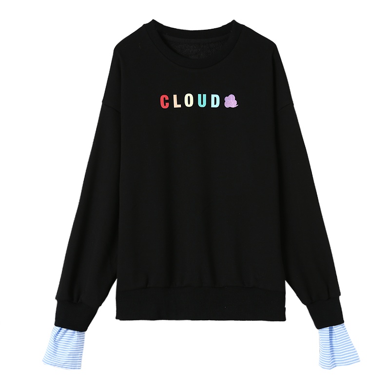 云上生活春装简约文艺韩版圆领拼接百搭女式卫衣