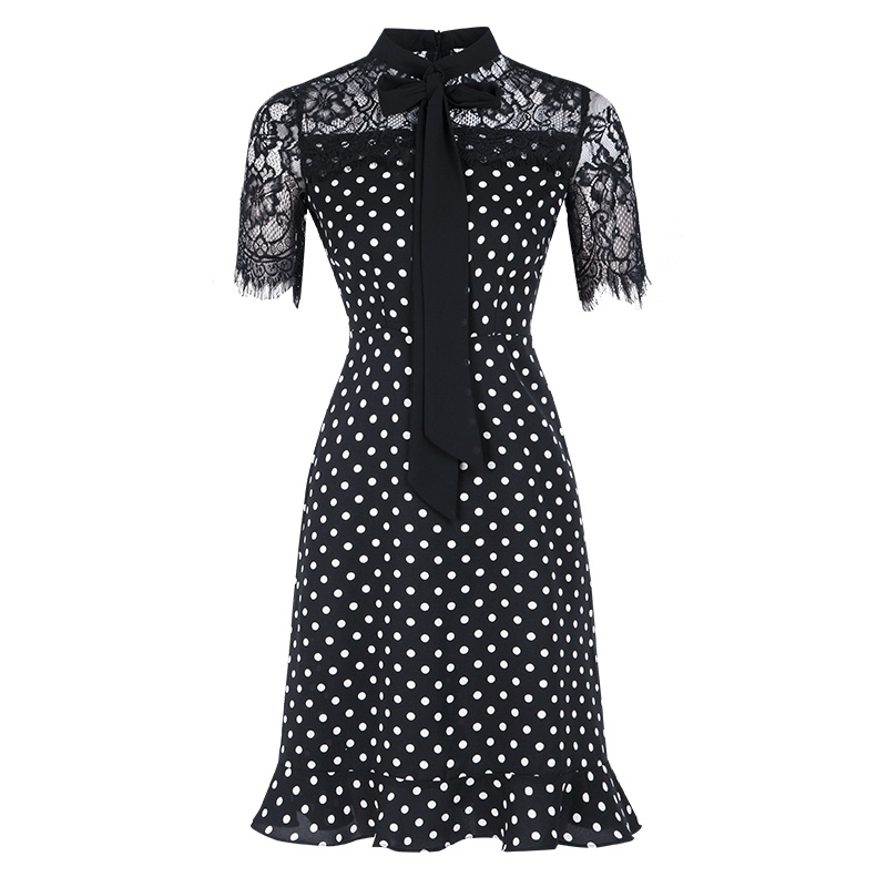 晩白 新品立领波点蕾丝短袖收腰显瘦鱼尾摆中长款连衣裙
