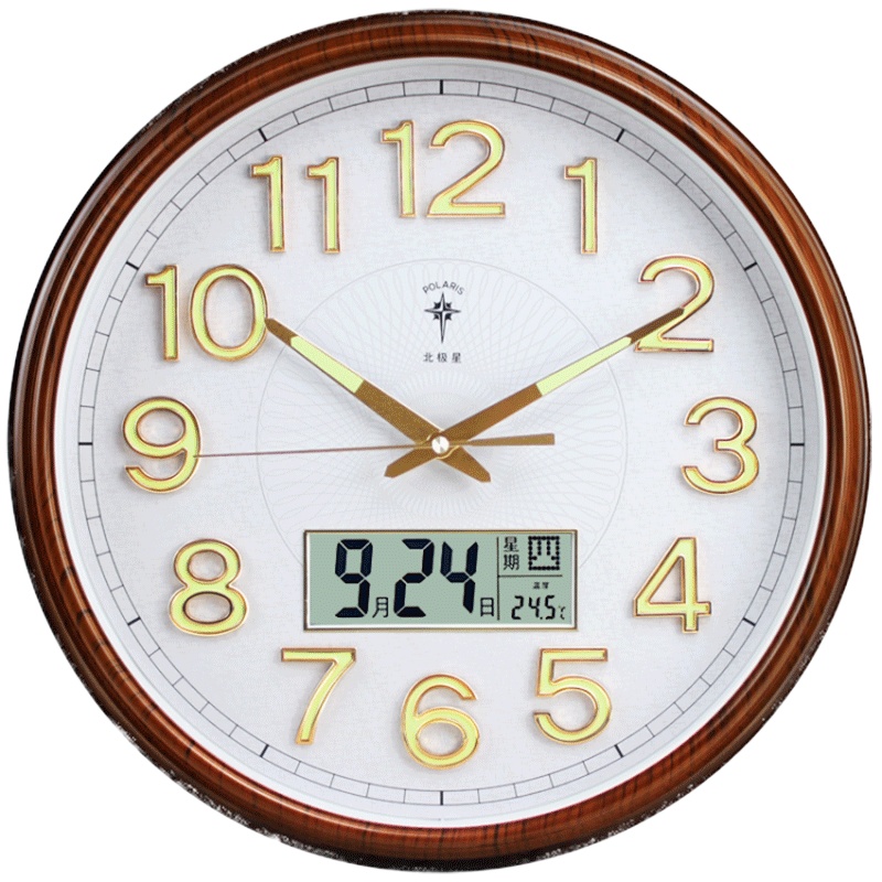 北极星(POLARIS)静音大客厅挂钟万年历LCD现代石英钟时尚日历夜光时钟简约创意钟表挂表