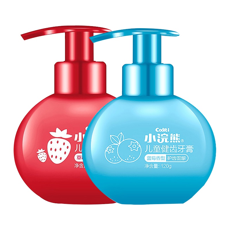 小浣熊(Coati)儿童护理牙膏 可吞咽2-3-6岁12以上小学生无氟护齿固龈 牙刷套装 按压式120g蓝莓味+草莓味