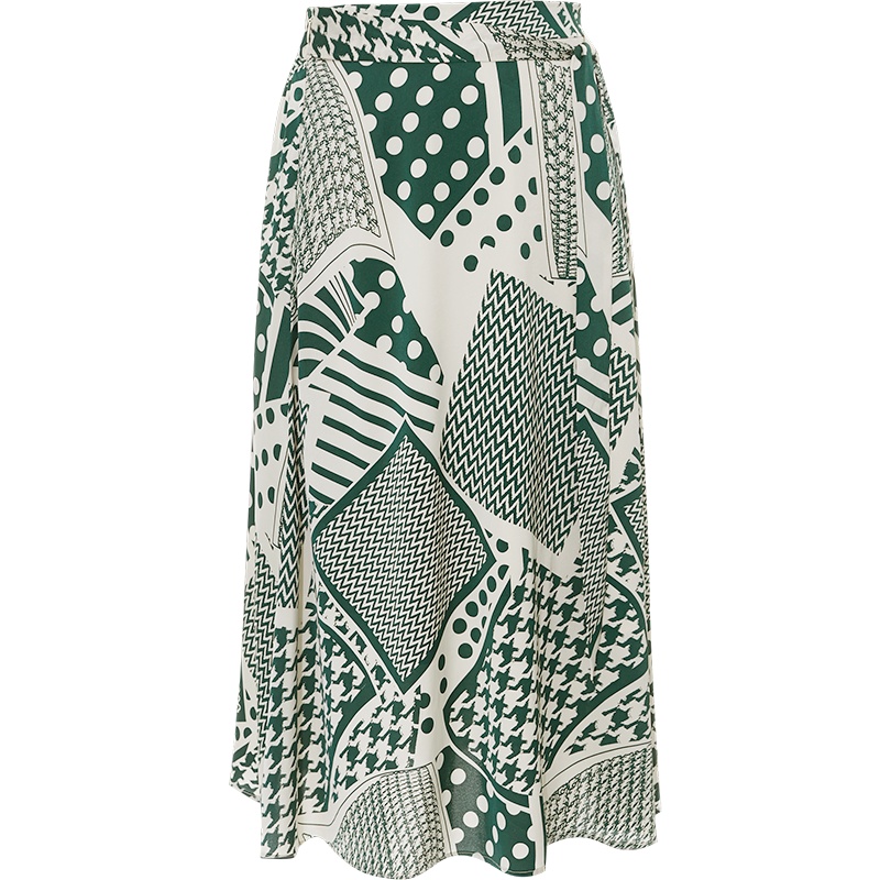 欧昵雪波普风印花A字裙夏高腰系带中长裙雪纺半身裙女