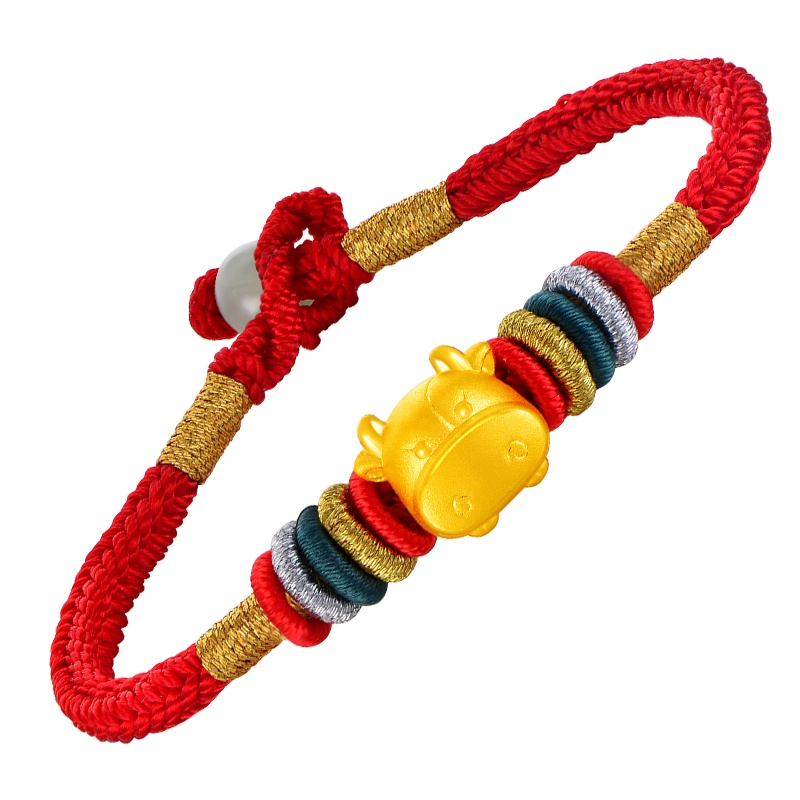 蒂蔻 本命年一飞冲天飞天牛黄金转运珠手链男女款牛年生肖红绳可调节手饰3D硬足金小牛新年生日礼物