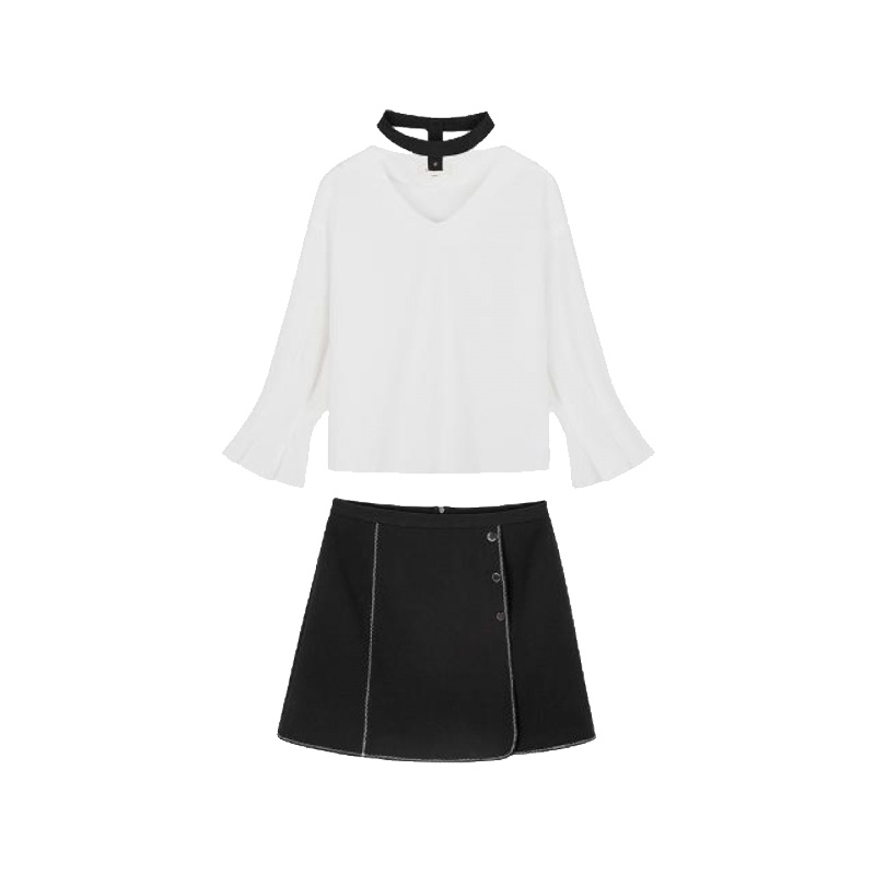 拉贝缇春季两件套女新款套装喇叭袖项圈时尚休闲V领衬衫T恤半身裙