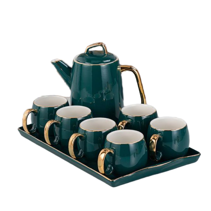 祖母绿水具陶瓷套装水壶家用烘焙精灵客厅耐热水杯水壶咖啡茶具套装 绿油亮心壶15头6杯碟壶盘加金架