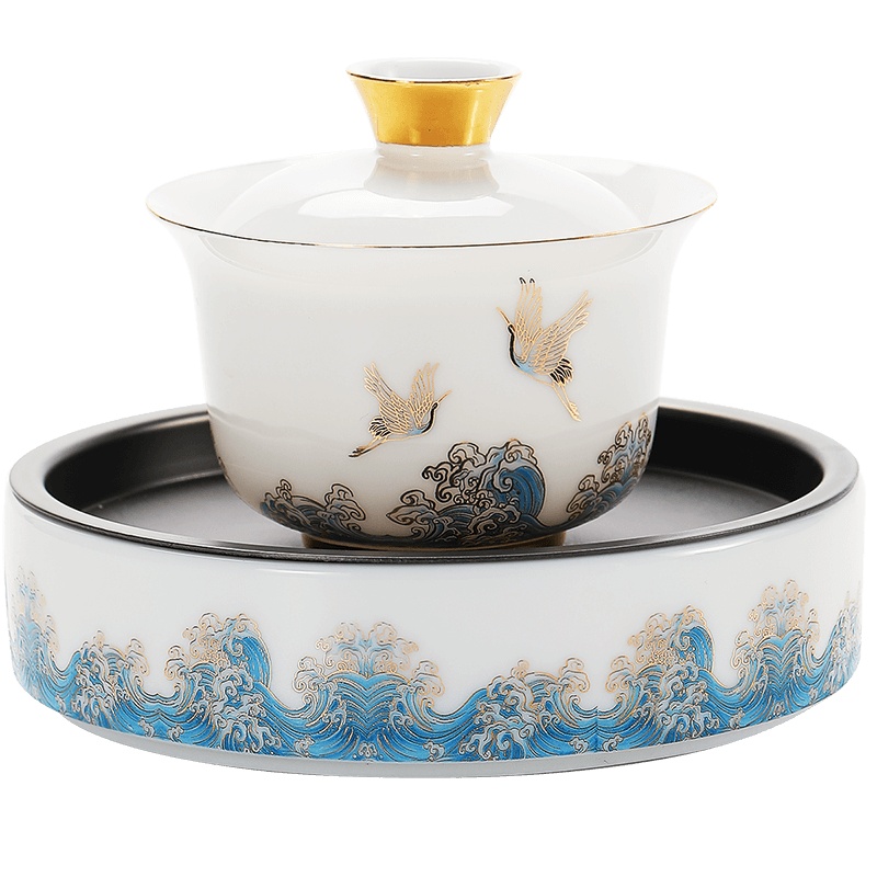 領藝 祥鹤观海轻云盖碗茶杯大号单个陶瓷功夫茶具三才茶碗带壶承 祥鹤观海轻云微月盖碗