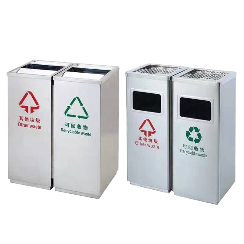 不锈钢环保分类连体垃圾桶双桶侧开桶口带烟灰缸