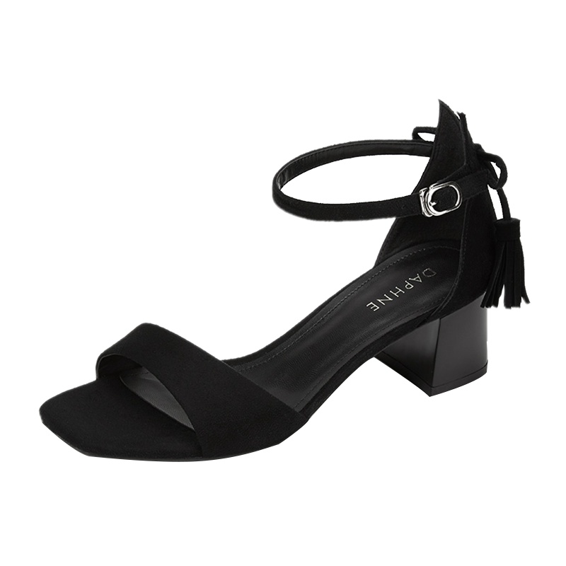 达芙妮优雅流苏简约绒面方头粗跟凉鞋