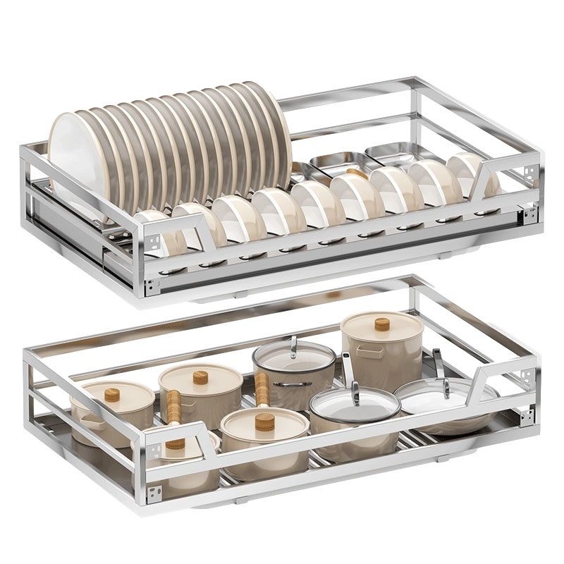 拉篮厨房橱柜双层抽屉式符象不锈钢碗篮碗碟碗架调味拉蓝内置缓冲