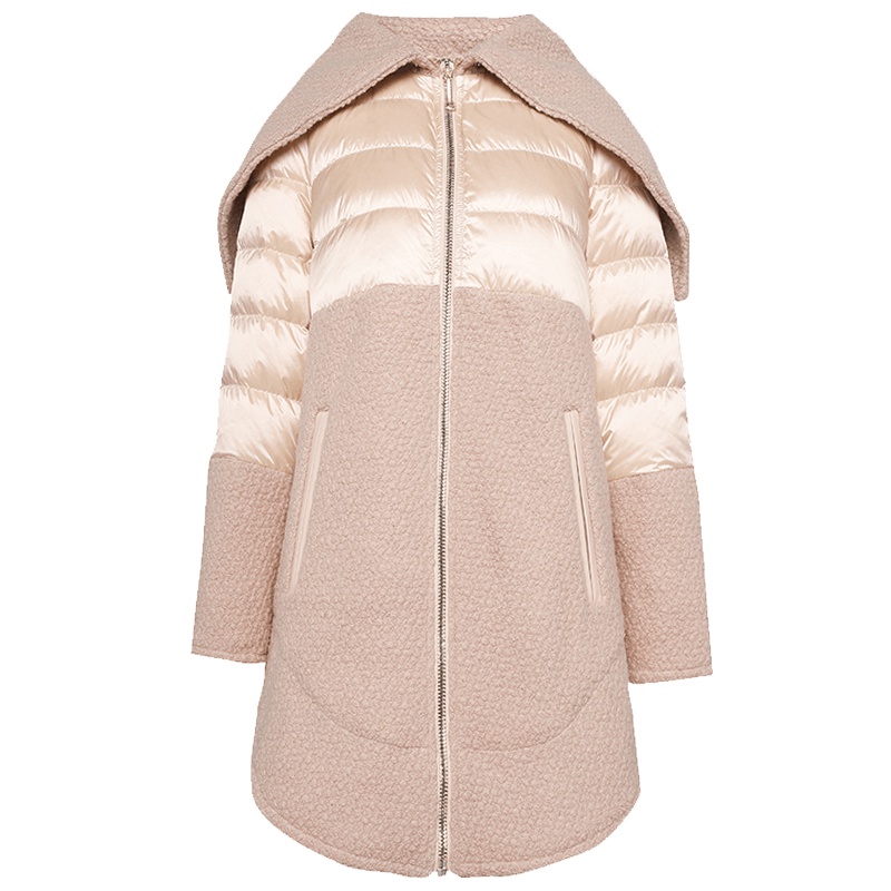 艾莱依羊羔毛拼接修身羽绒服女加厚中长款保暖6055D