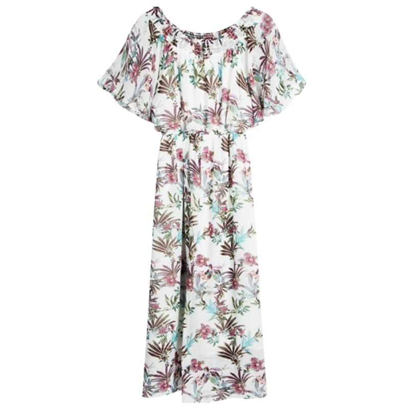 【专柜同款】拉夏贝尔海边度假沙滩裙女2020夏季新款一字领甜美淑女碎花裙子雪纺连_576 S 印花混色