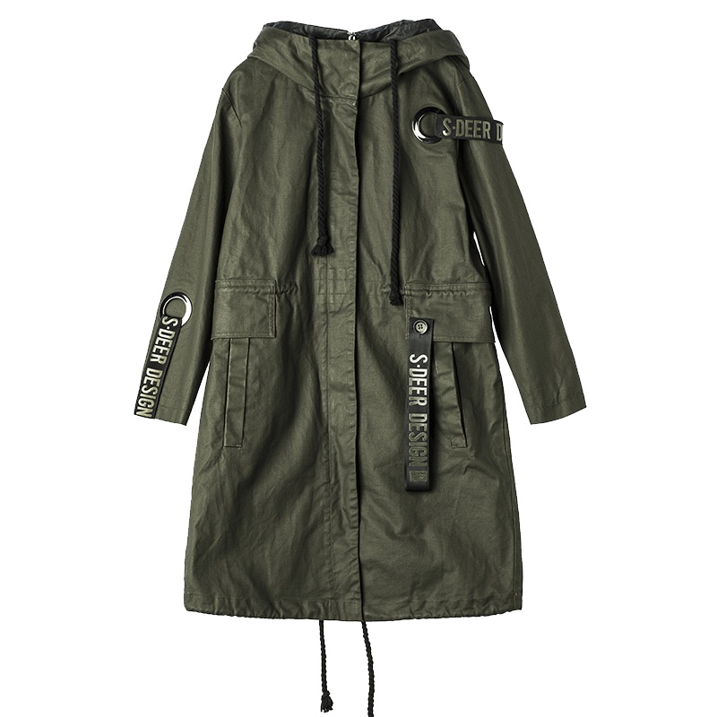 sdeer圣迪奥2019春装潮字母飘带长款连帽军绿风衣外套女S17381836