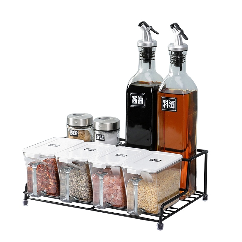 [九件套]厨房用品塑料调料盒套装家用调味瓶罐油壶带铁架组合装