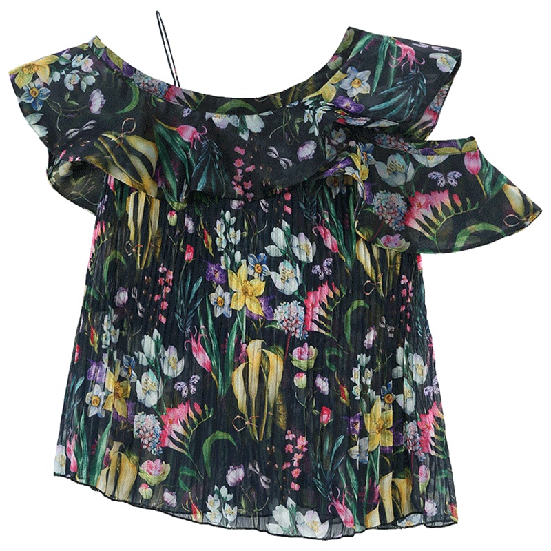 马克华菲女装2019夏时复古碎花衬衫女性感收腰荷叶边雪纺衫