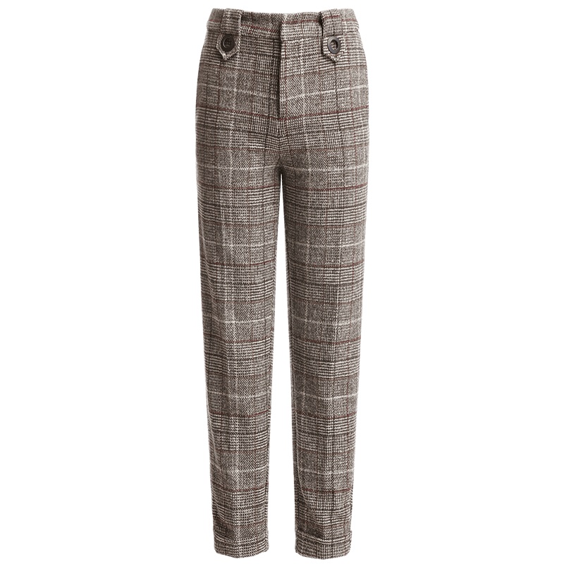 欧昵雪秋冬季英伦风高腰格子毛呢哈伦裤女宽松九分小脚裤