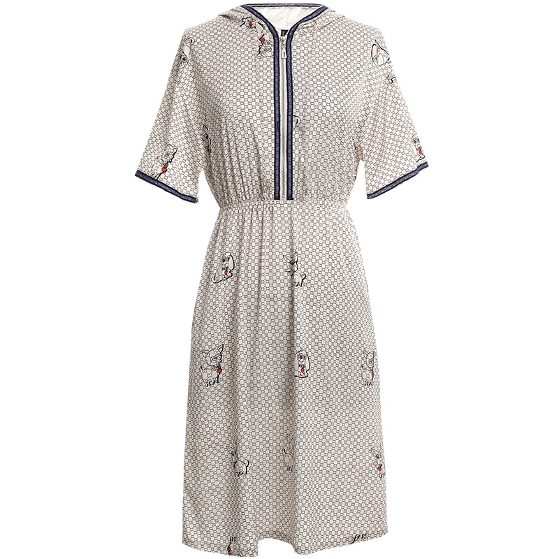 欧昵雪休闲连帽裙子减龄动物几何印花收腰短袖连衣裙女