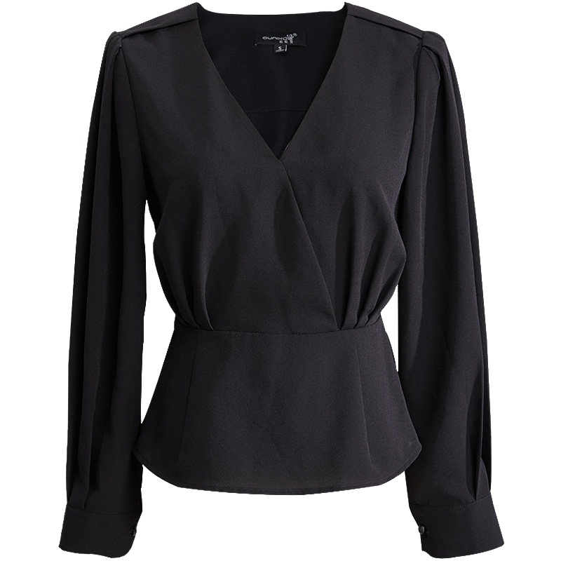 欧昵雪春装X型收腰遮肚子修身显瘦V领套头衬衫女长袖上衣