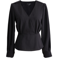 欧昵雪春装X型收腰遮肚子修身显瘦V领套头衬衫女长袖上衣