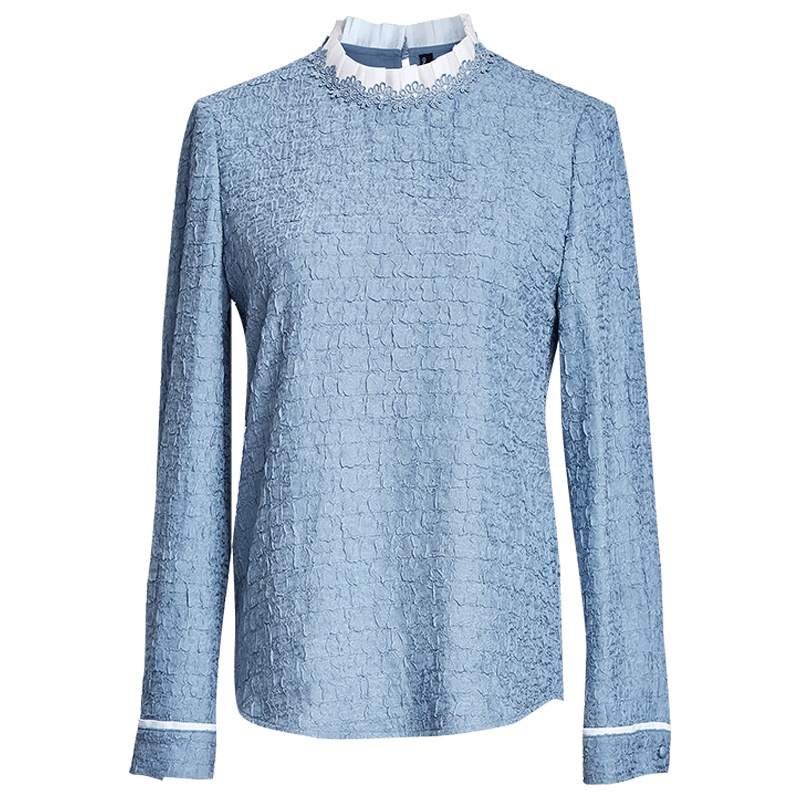 欧昵雪秋季压褶圆领拼接花边套头上衣女长袖洋气时尚小衫