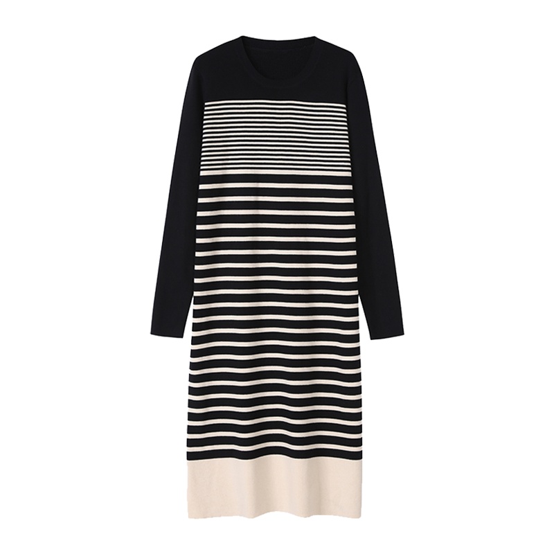 如熙针织连衣裙女简约通勤条纹中长裙拼接修气质裙子