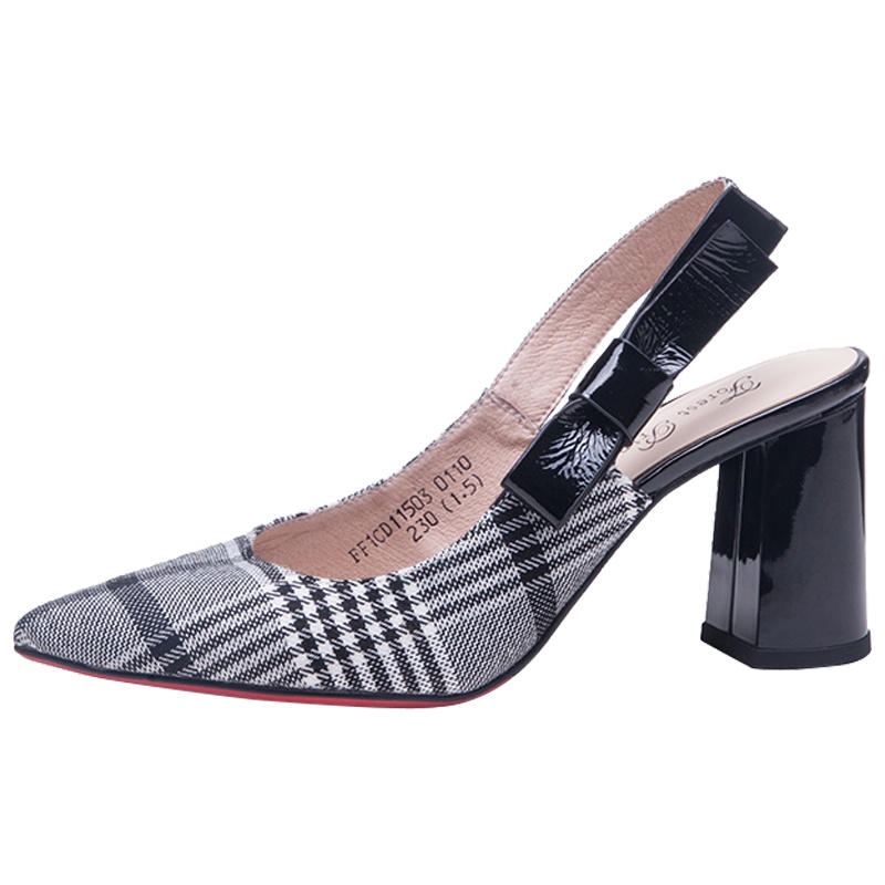 森林公主女鞋时尚女春季新款尖头高跟鞋女后空韩版格子粗跟仙女鞋 格子布后空凉鞋