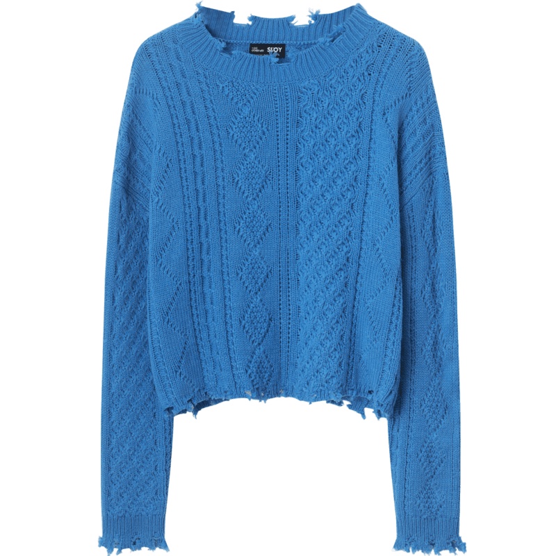 七格格针织上衣女2020秋季新款设计感短款小个子chic港味蓝色毛衣