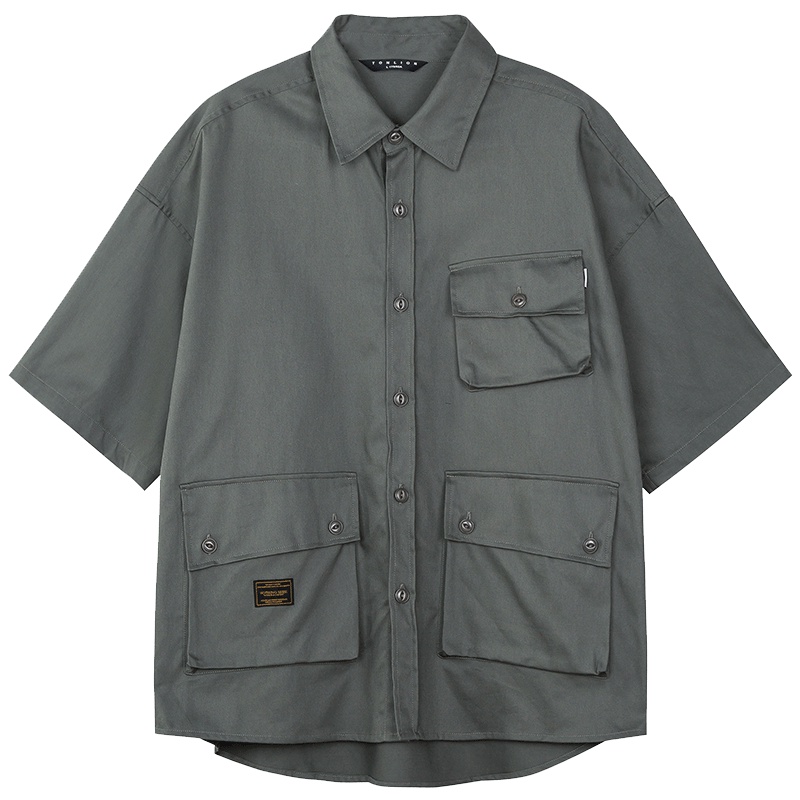 唐狮夏季新款男立领条纹短袖衬衫七分袖男寸衫