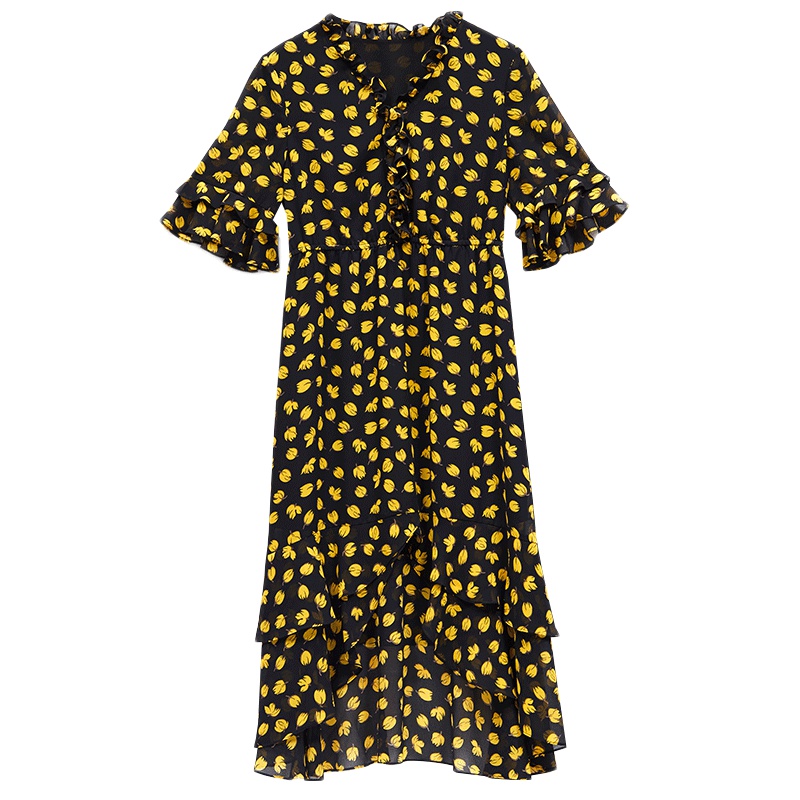 马克华菲女装2019夏印花雪纺连衣裙不规则大裙摆海边度假风裙子