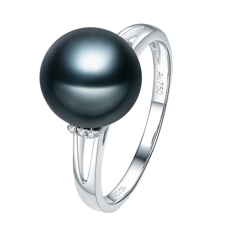 brir 佰色传情正圆9-10mm高亮泽大溪地黑珍珠戒指18K金钻石正品