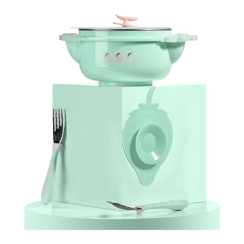 babycare儿童餐具 宝宝餐具注水保温碗套装 宝宝训练套装餐具不锈钢便携 草莓款 薄荷绿3件套