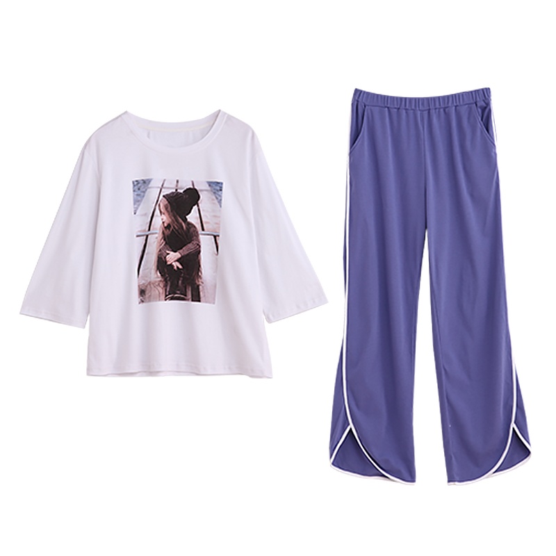 纯棉双面针织素色长袖女套装