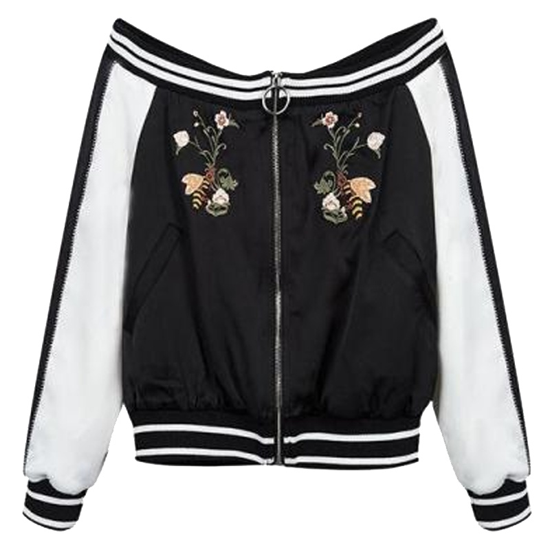 拉夏贝尔春季新款韩版宽松显瘦一字领绣花露肩短款外套女1T000461