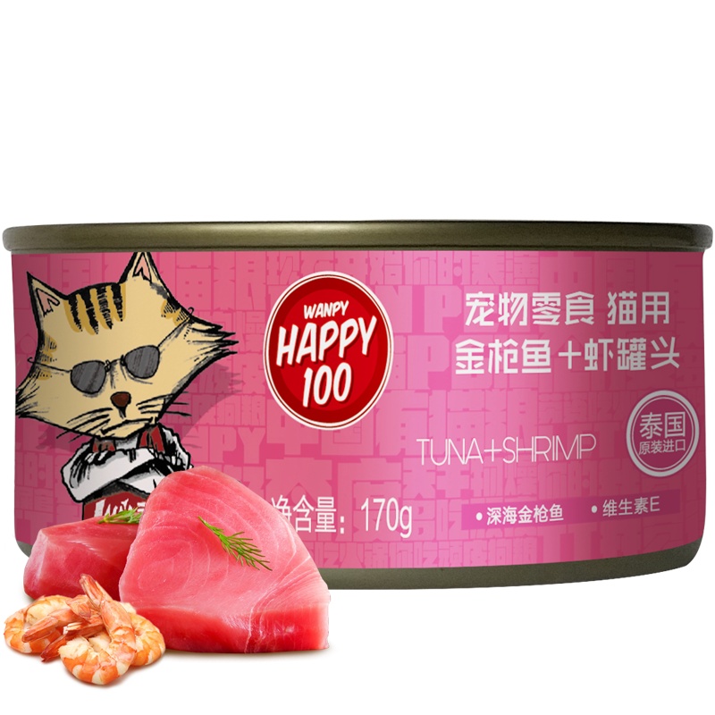 顽皮Happy100宠物零食猫用金枪鱼罐头 添加虾仁170g*12
