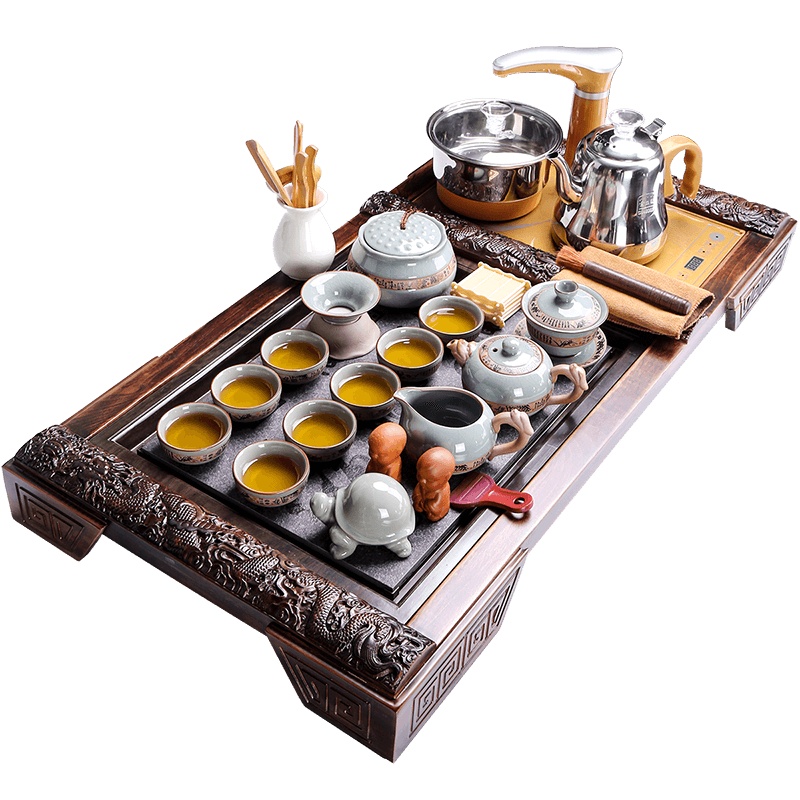 办公室客厅陶瓷泡茶器科技木实木压板茶盘茶台茶道全自动快速炉紫砂功夫茶具套装家用 醒龙哥窑14头配三龙开泰全自动快速炉