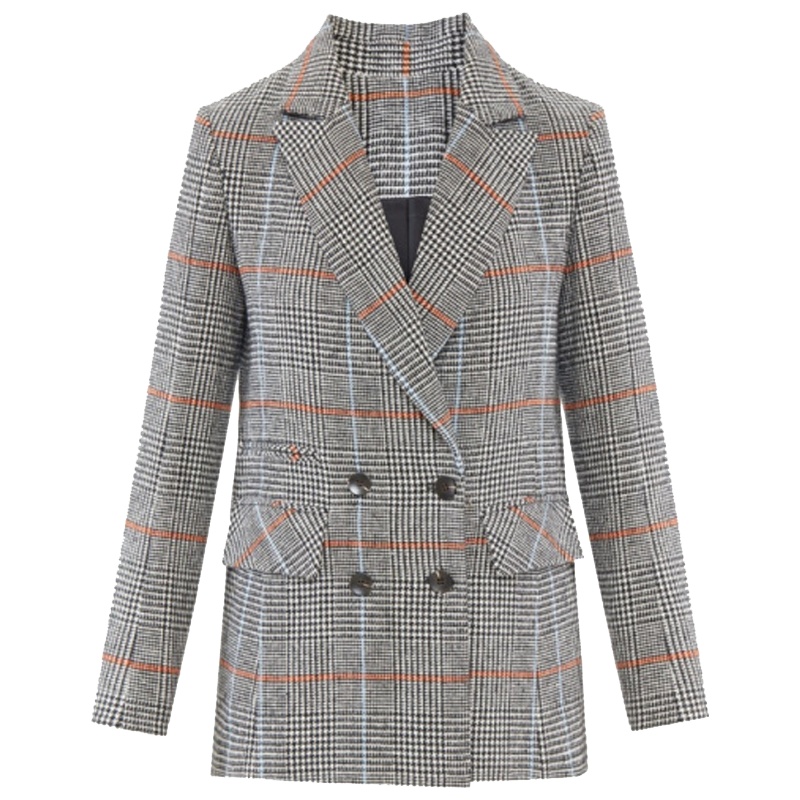 朗姿秋冬新款chic法式英伦风羊毛混纺显瘦格子西装外套女上衣