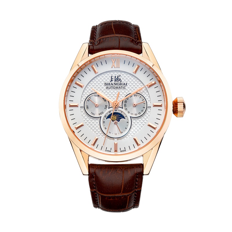 上海(SHANGHAI)手表男士多功能系列全自动机械表713男表多功能真皮革皮表带潮流时尚休闲腕表男表
