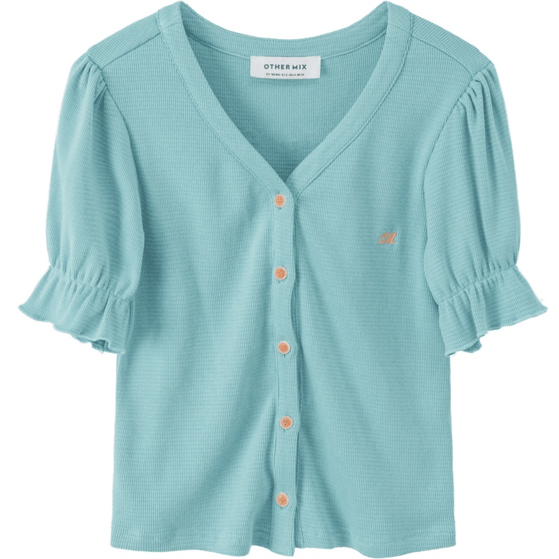 OtherMix针织刺绣开衫T恤2021年夏季新款v领修身泡泡袖短款女上衣