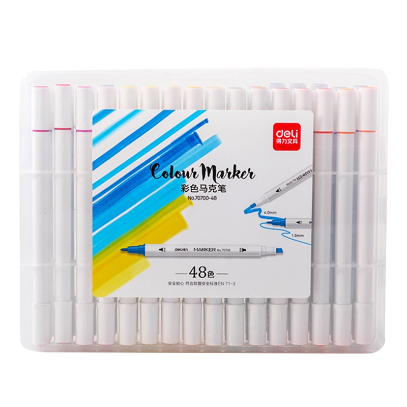 得力deli马克笔套装圆杆小学生初学者双头绘画笔48色12色24色36色美术生专用画画笔儿童动漫色水彩笔学习用品文具