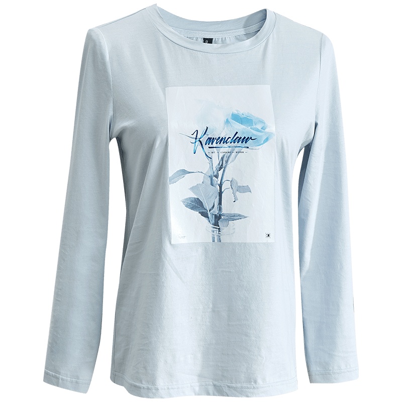 欧昵雪秋装烫图印花简约清新圆领九分袖纯棉T恤女打底衫