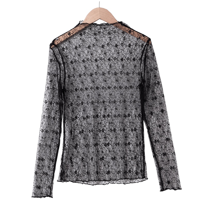 晚白2020春季新品简约纯色百搭微透T恤衫上衣打底衫罩衫蕾丝衫女