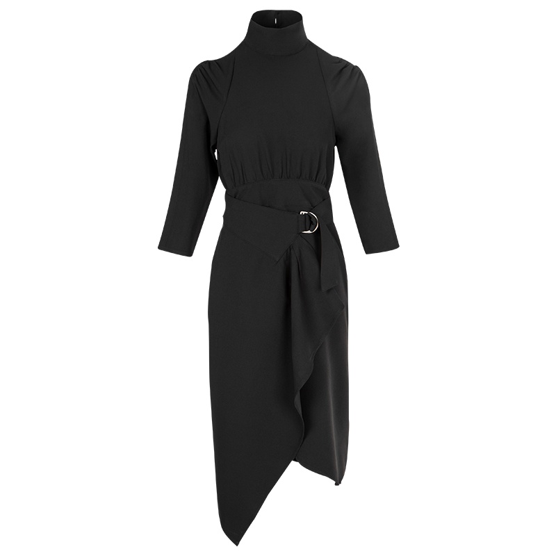 晚白2021春季新品时尚职业纯色修身显瘦高领不规则通勤连衣裙女